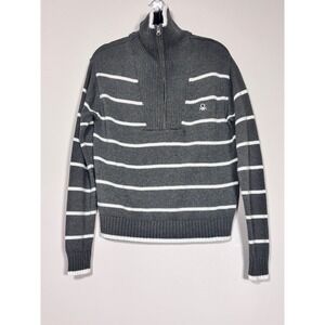 United Colors of Benetton Womens Quarter Zip Striped Sweater Gray White Small